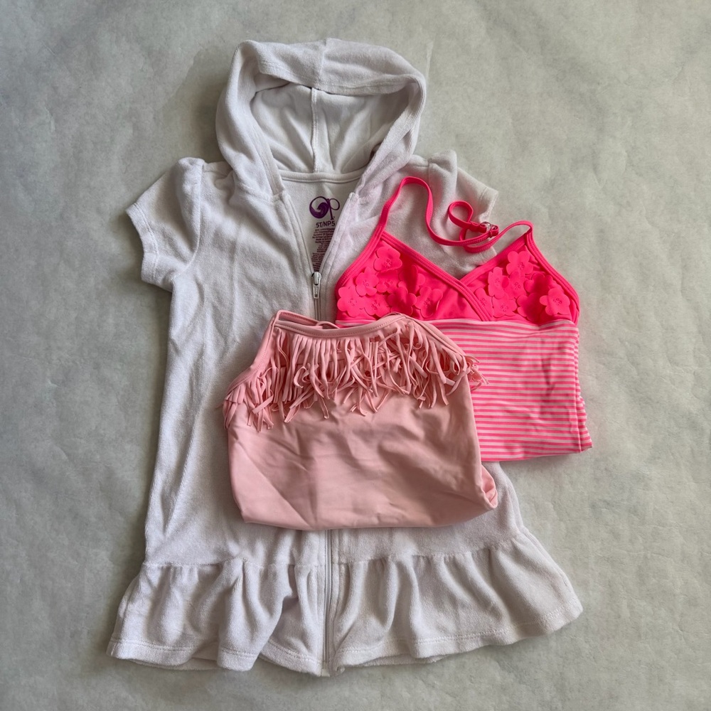 Girls Size 5T Swimsuits Bundle White Terry Hooded Cover Up Beach Swim Vacation D